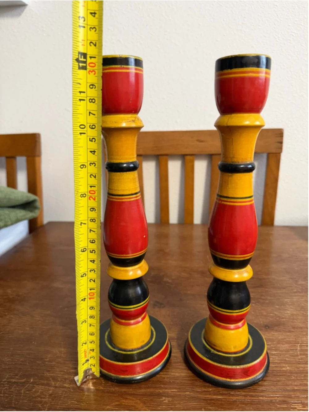 Vintage Pair Hand Painted Wooden Candlesticks Folk Art Red Yellow Black Turned W